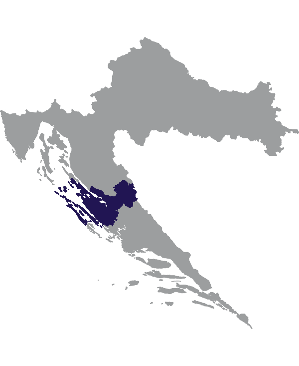 Landkaart Kroatië grijs met comitaat Zadar donkerblauw op transparante achtergrond - 600 * 733 pixels